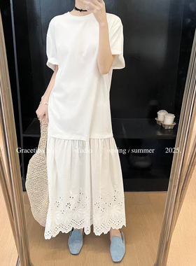 Hoo25夏季韩版时尚显瘦设计感小众T恤拼接蕾丝下摆连衣裙女潮