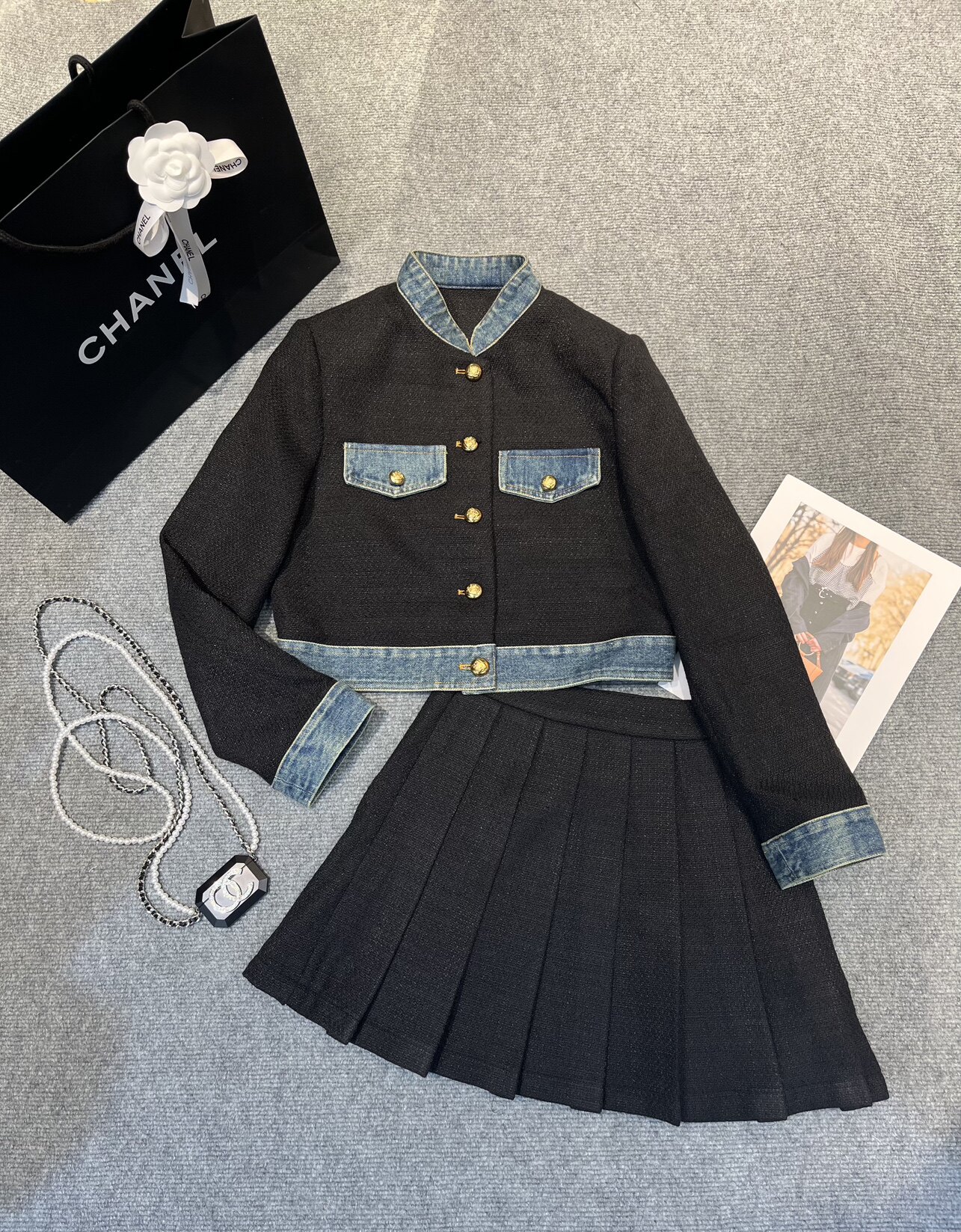 高品质牛仔拼接小香套装女秋季新款时尚立领短款外套+百褶裙