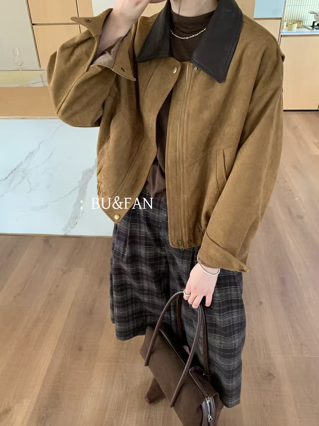 BU&FAN布凡2025秋冬老钱风麂皮绒夹棉宽松短外套女装开衫上衣