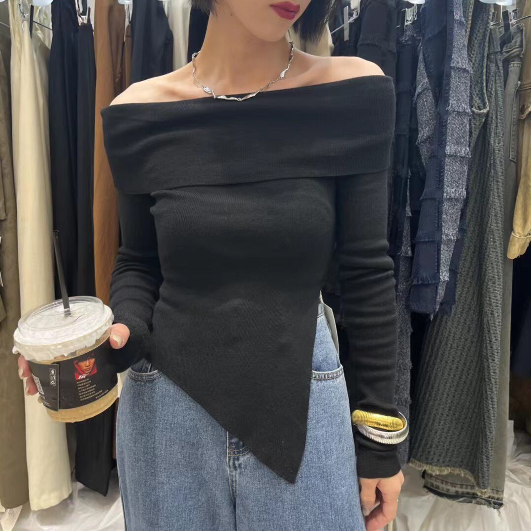 韩版不规则设计感一字肩针织毛衣女23秋季新款时尚修身显瘦上衣
