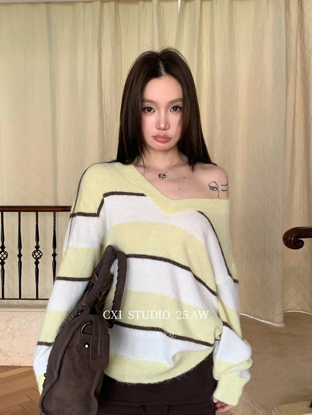 cxi2025秋季新款韩版时尚百搭条纹针织衫女宽松显瘦毛衣上衣潮