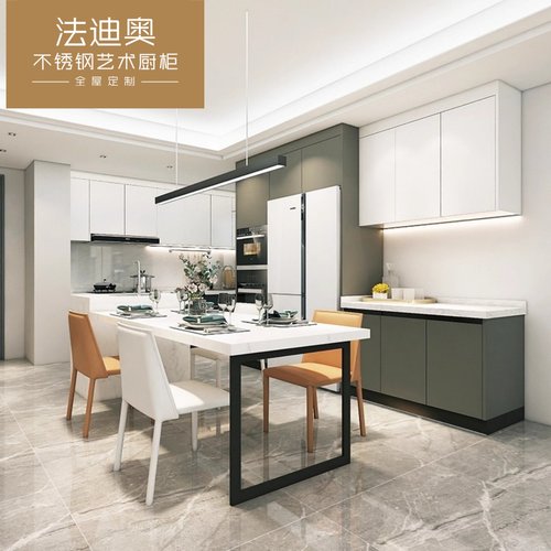 法迪奥不锈钢厨房橱柜西厨中岛台吧台石英石台面定制开放式设计新