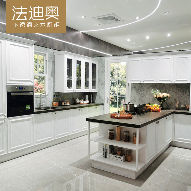 法迪奥304不锈钢橱柜简欧风格厨房厨柜石英石台面白色灶台开放式