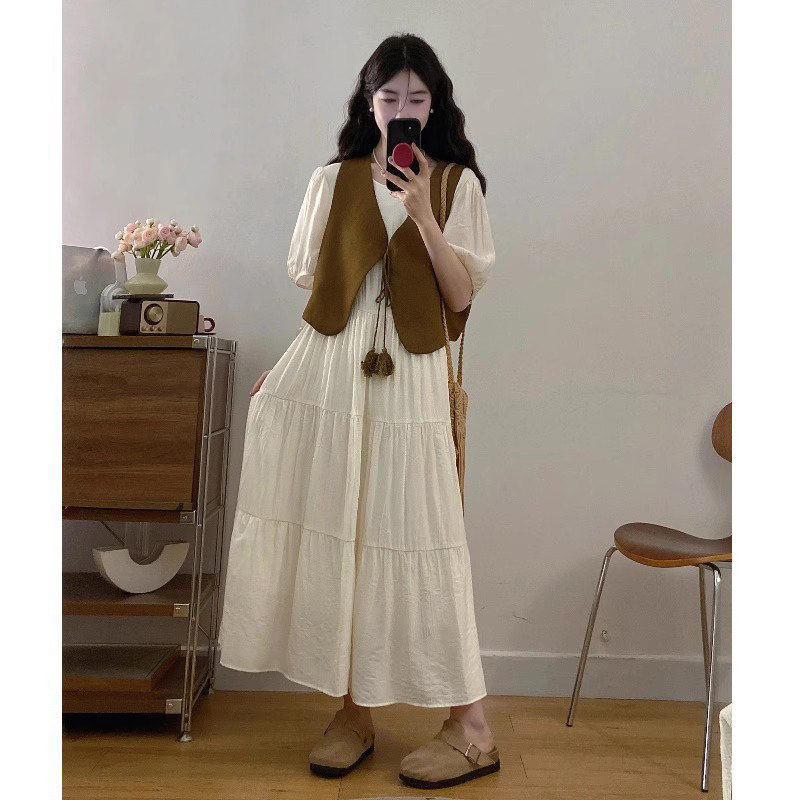 西部牛仔风洋装2025春夏大尺码胖mm娃娃长裙卡其色马甲叠穿两件套