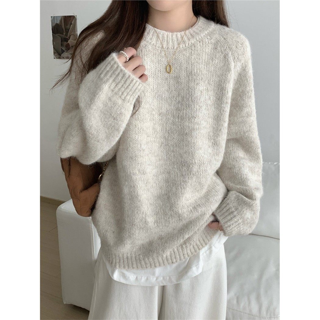 韩系慵懒风毛衣女秋冬季新款圆领软糯内搭宽松长袖套头针织衫上衣