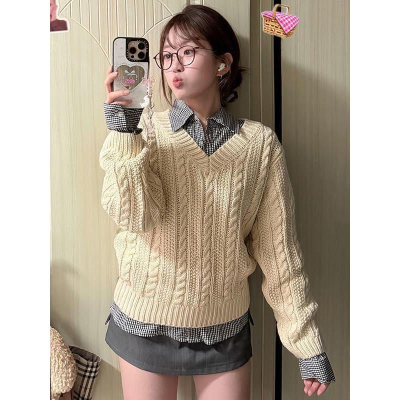 韩系V领软糯纽花保暖针织