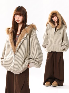 AONW秋季新款美式潮牌条纹兔耳开衫卫衣女连帽情侣可拆卸毛领外套