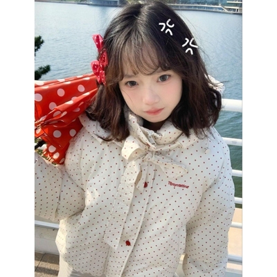 甜妹风蝴蝶结绑带波点短款连帽棉衣外套冬季加厚不臃肿防寒棉服潮