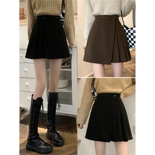 加号棕色羊毛短裙夏季女士不对称短裙盖腹臀裙高腰a字裙百褶裙