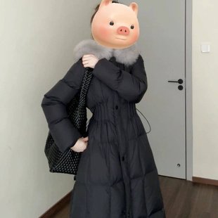大毛领黑色长款羽绒棉服女款冬季韩系超好看收腰修身厚实保暖外套