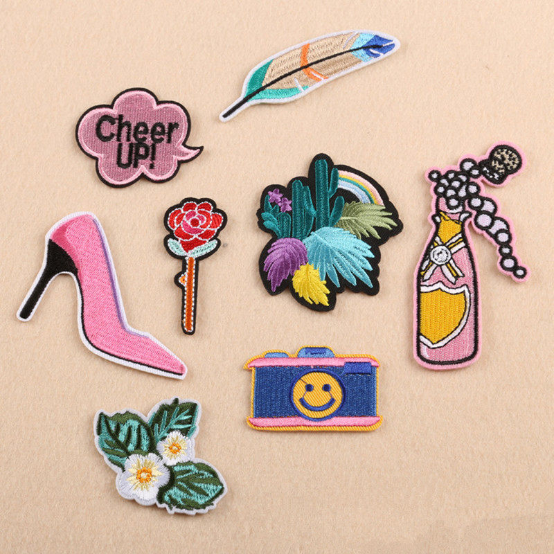 刺绣卡通羽毛香水瓶鞋布贴diy补丁绣花儿童装饰衣服牛仔裤补洞贴