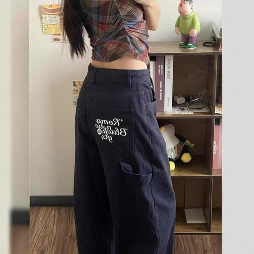 刺绣工装裤高腰牛仔裤休闲长裤子