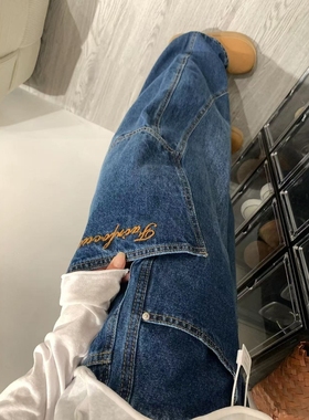 美式复古蓝色工装弯刀牛仔裤女秋冬新款高腰直筒宽松垂感阔腿裤子