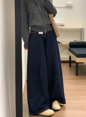 美式深蓝色阔腿牛仔裤女2026春季新款高腰宽松显瘦休闲百搭拖地裤