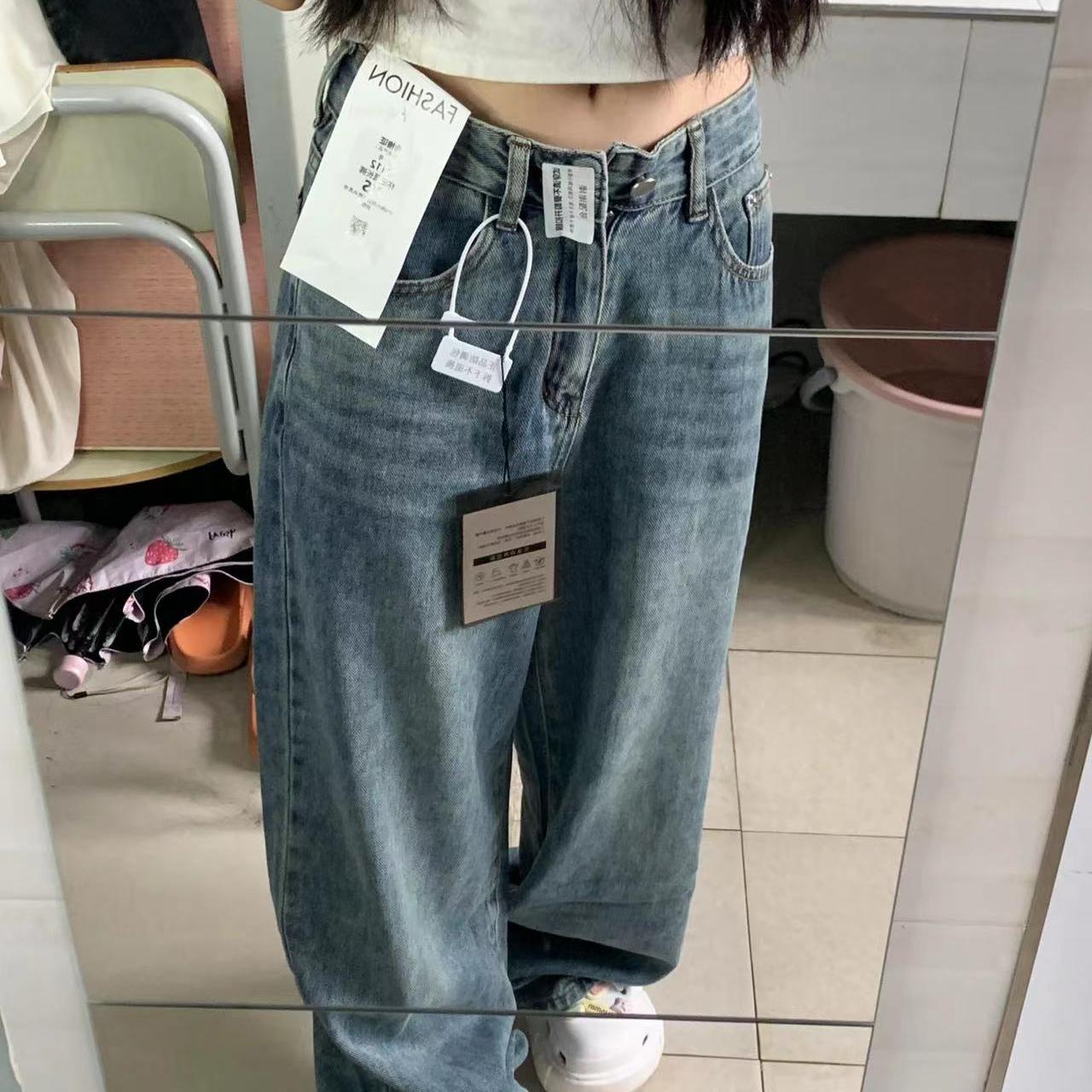 宽松牛仔裤高腰牛仔裤休闲长裤子
