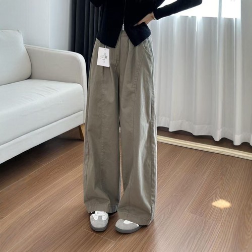 复古卡其色阔腿休闲牛仔裤女秋季新款高腰宽松弯刀裤美式长裤子潮