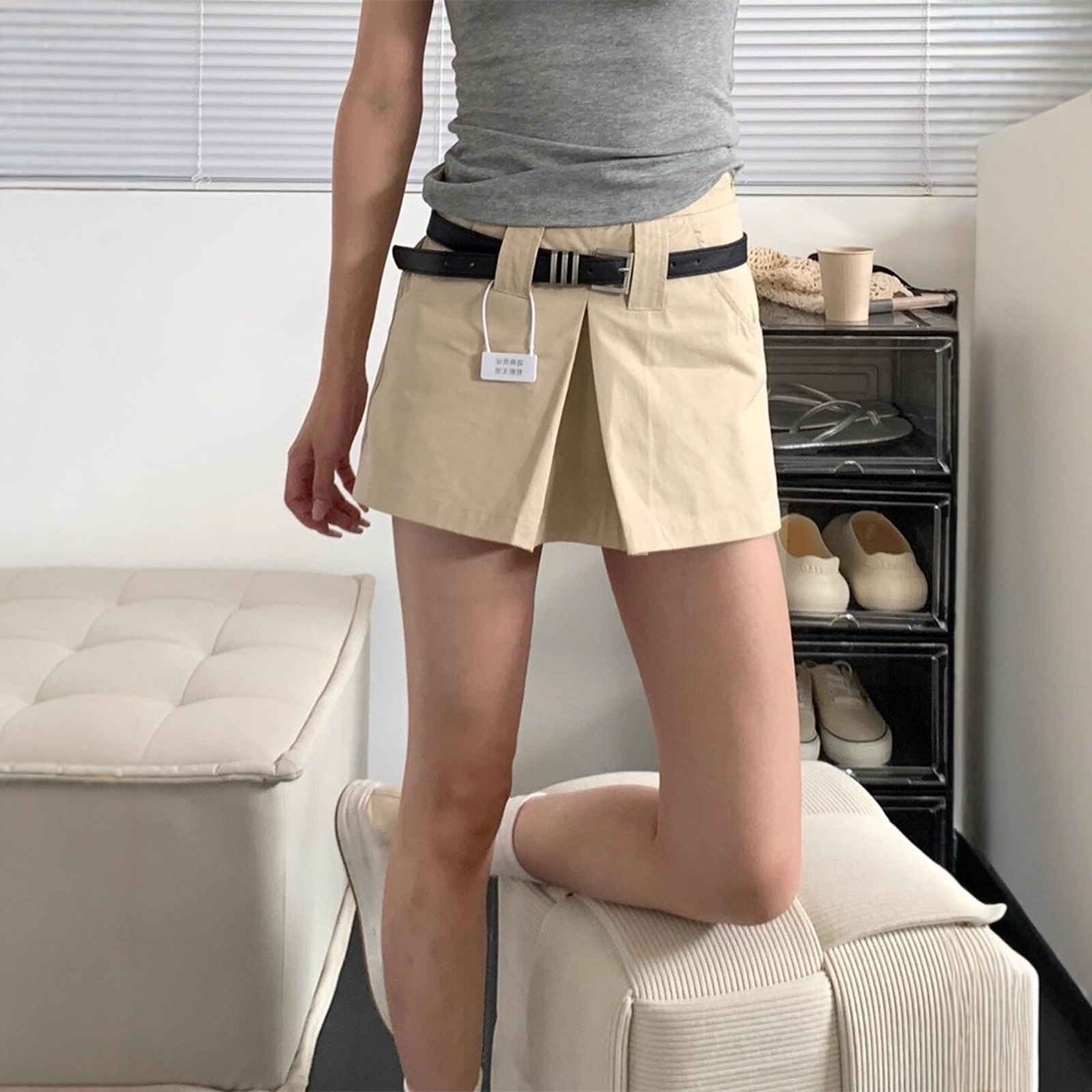 卡其色牛仔短裤女夏季新款高腰美式薄款辣妹裙裤显瘦a字热裤子潮