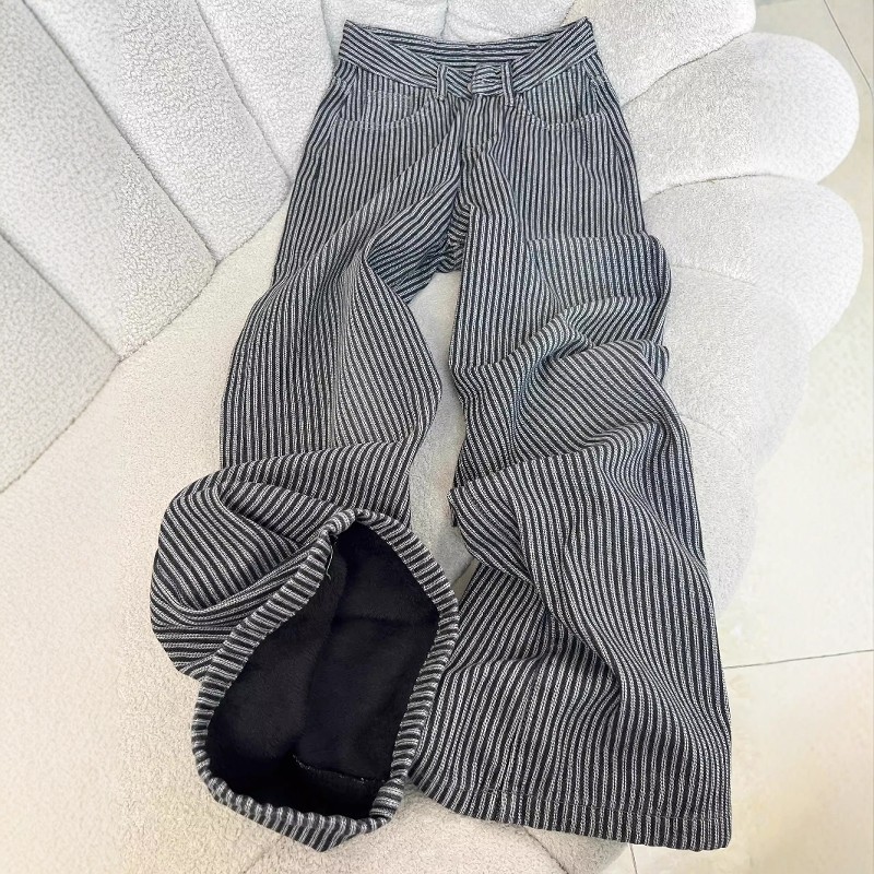 加绒加厚款高腰牛仔裤休闲长裤子