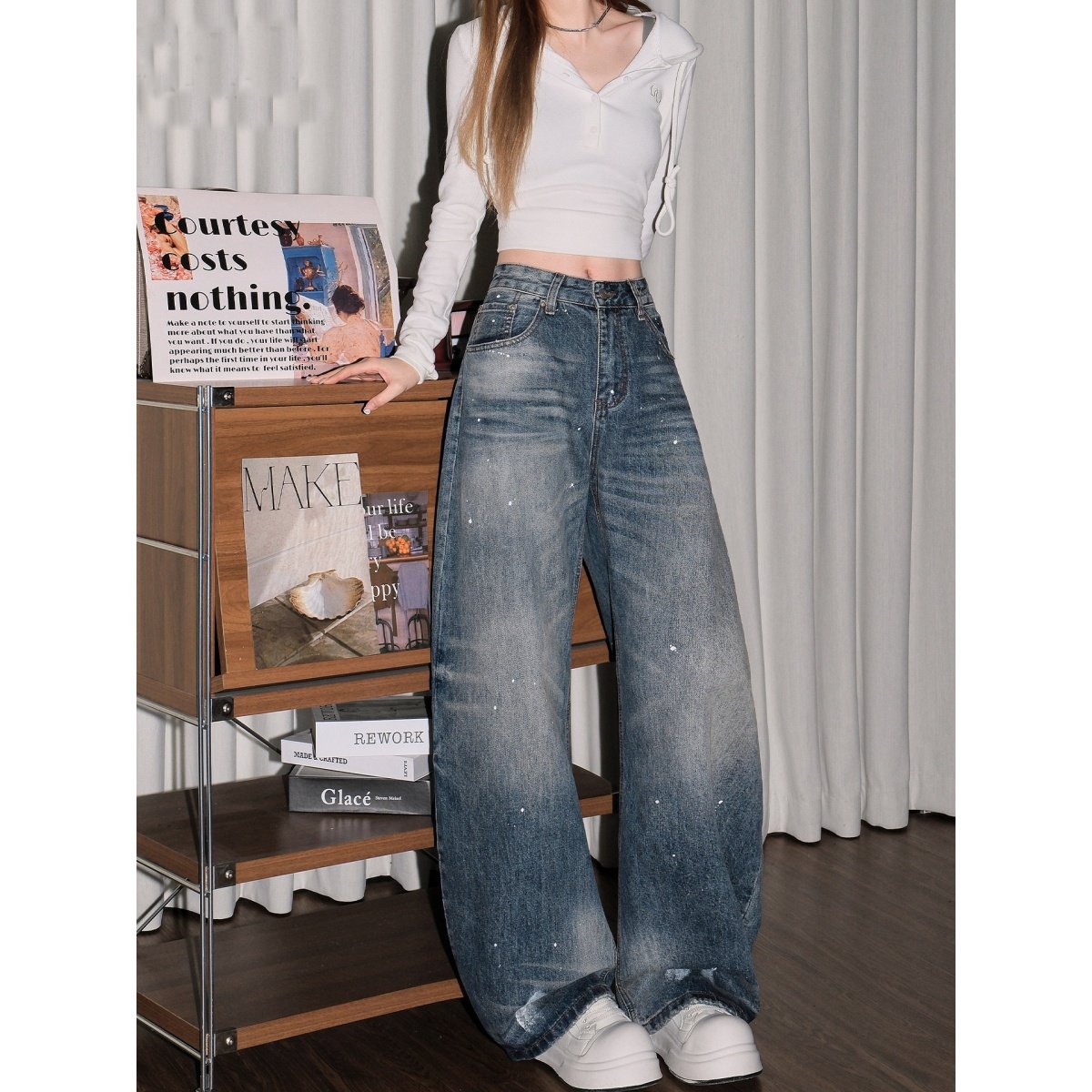 水洗泼墨设计感弯刀牛仔裤女2026春季新款高腰宽松复古做旧阔腿裤,女装/女士精品,牛仔裤,淘宝优惠券,粉丝福利购,淘宝优惠卷