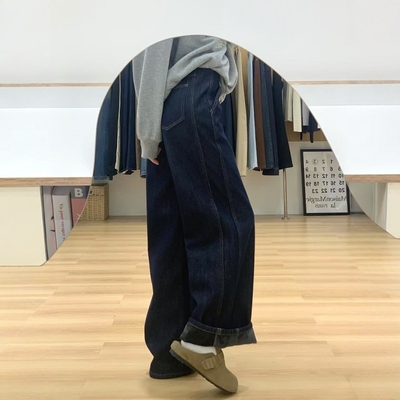 宽松牛仔裤加绒高腰牛仔裤长裤子