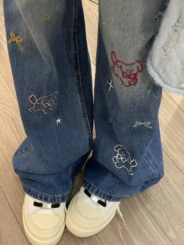 宽松牛仔裤高腰牛仔裤长裤子