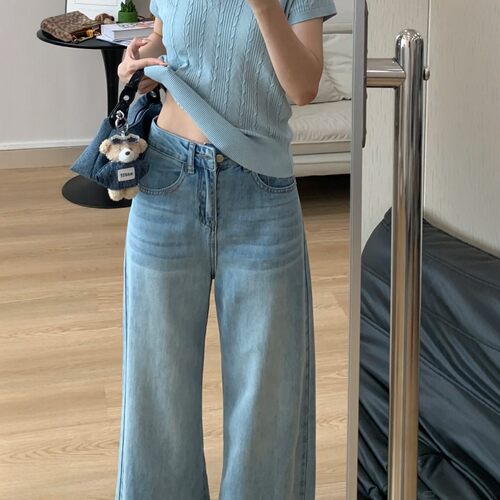 美式浅蓝色阔腿牛仔裤女2026秋季新款高腰宽松显瘦天丝直筒长裤子