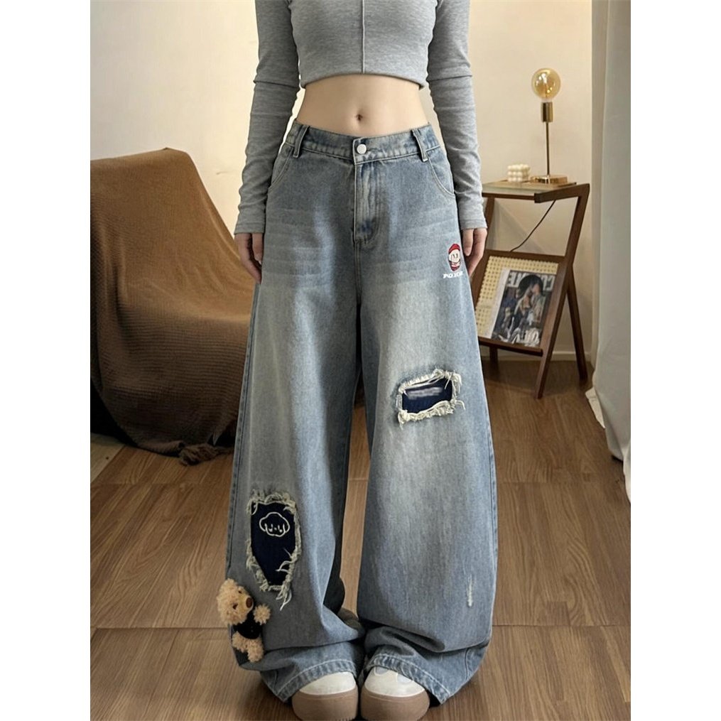 美式复古刺绣小熊挂件磨破牛仔裤女2026春季松紧腰直筒阔腿拖地裤,女装/女士精品,牛仔裤,淘宝优惠券,粉丝福利购,淘宝优惠卷