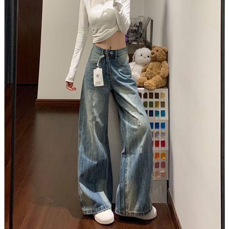 美式复古阔腿牛仔裤女2025秋冬新款水洗做旧磨破猫须直筒拖地长裤