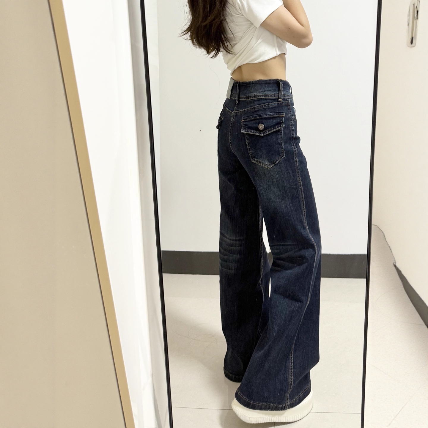 深蓝低腰微喇牛仔裤女2025秋季新款美式不贴腿弹力辣妹直筒喇叭裤