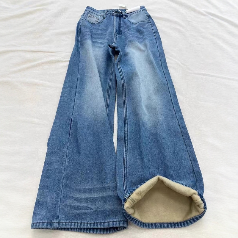 宽松牛仔裤加绒加厚高腰休闲长裤