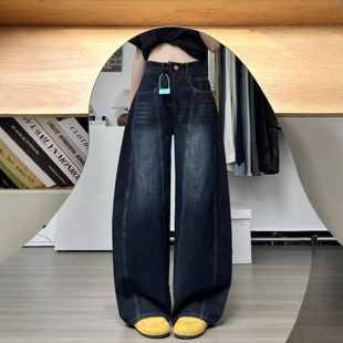 宽松休闲潮牌解构阔腿长裤 美式 新款 女秋季 复古字母刺绣弯刀牛仔裤