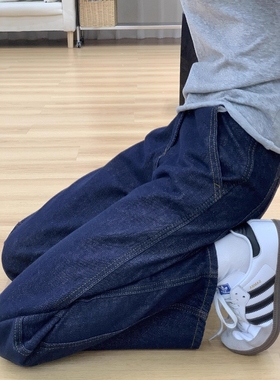 设计感深蓝色宽松直筒牛仔裤女秋冬新款美式复古高腰显瘦垂感裤子
