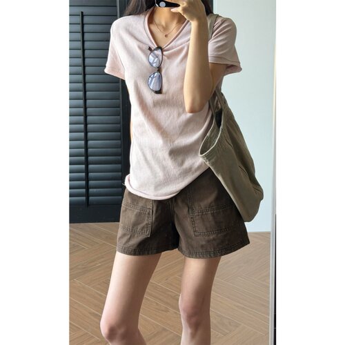 美式棕咖色阔腿休闲工装短裤女夏季高腰宽松显瘦大口袋牛仔热裤子