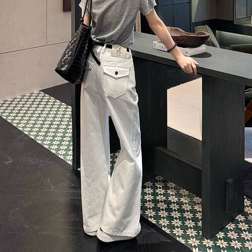 简约白色直筒阔腿裤秋季新款高腰显瘦宽松牛仔裤女百搭休闲长裤子