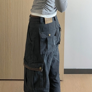 牛仔裤 高街设计感宽松阔腿直筒裤 女春季 美式 子 新款 复古多口袋工装