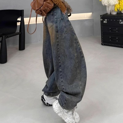 高街美式加绒加厚弯刀牛仔裤女潮秋冬新款高腰宽松阔腿休闲保暖裤