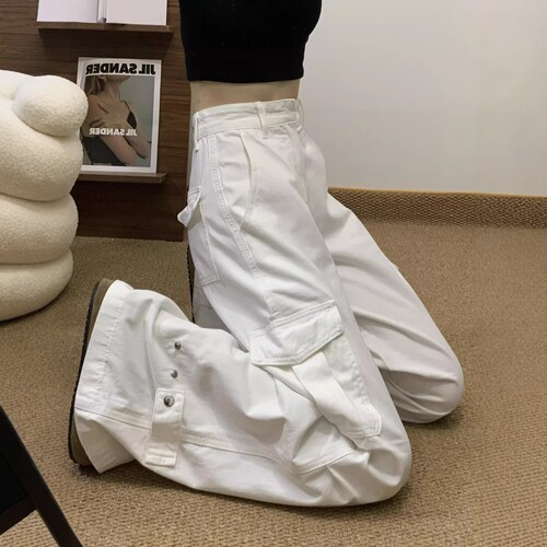 设计感白色休闲工装裤宽松阔腿牛仔裤女秋冬新款高腰显瘦拖地裤子