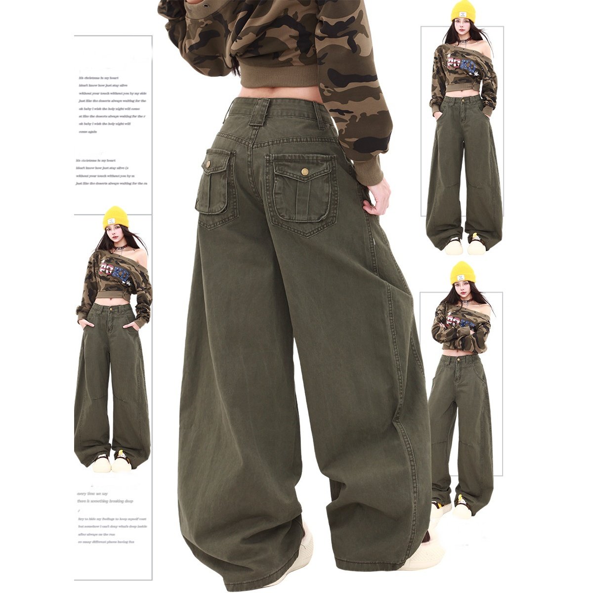 美式复古军绿色弯刀牛仔裤女2026春秋新款设计感宽松阔腿镰刀裤子,女装/女士精品,牛仔裤,淘宝优惠券,粉丝福利购,淘宝优惠卷