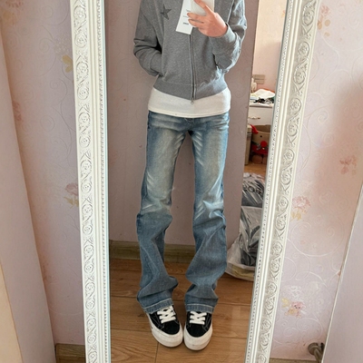 美式复古小众辣妹低腰窄版直筒牛仔裤女秋季修身显瘦弹性微喇叭裤