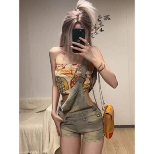 破洞显瘦甜酷风连体短裤 子2026夏季 辣妹复古设计感牛仔背带裤 美式