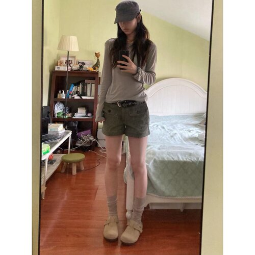 美式复古军绿色做旧工装休闲牛仔短裤女夏季新款宽松显瘦阔腿热裤