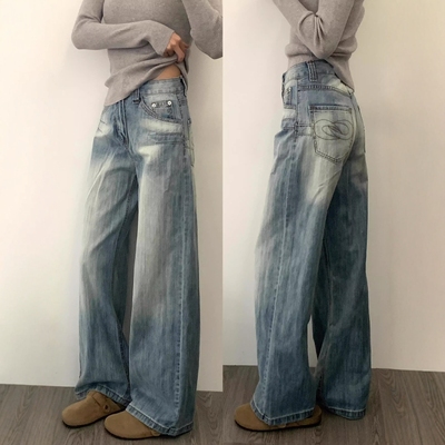 常规阔腿牛仔裤高腰长裤美式复古