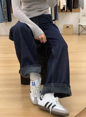 深蓝色阔腿牛仔裤女秋冬新款加绒加厚梨形身材宽松显瘦高腰直筒裤