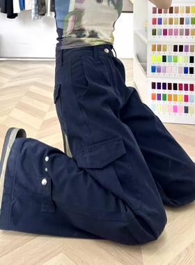 宝蓝色阔腿工装牛仔裤女2025春秋新款高腰显瘦美式复古休闲拖地裤