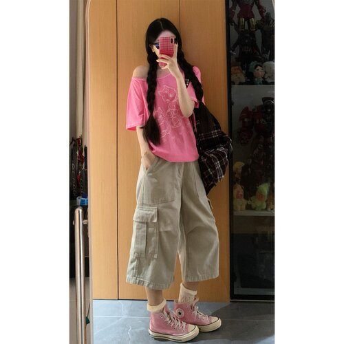 美式杏色多口袋设计七分工装牛仔裤女夏季宽松显瘦阔腿慵懒中裤子