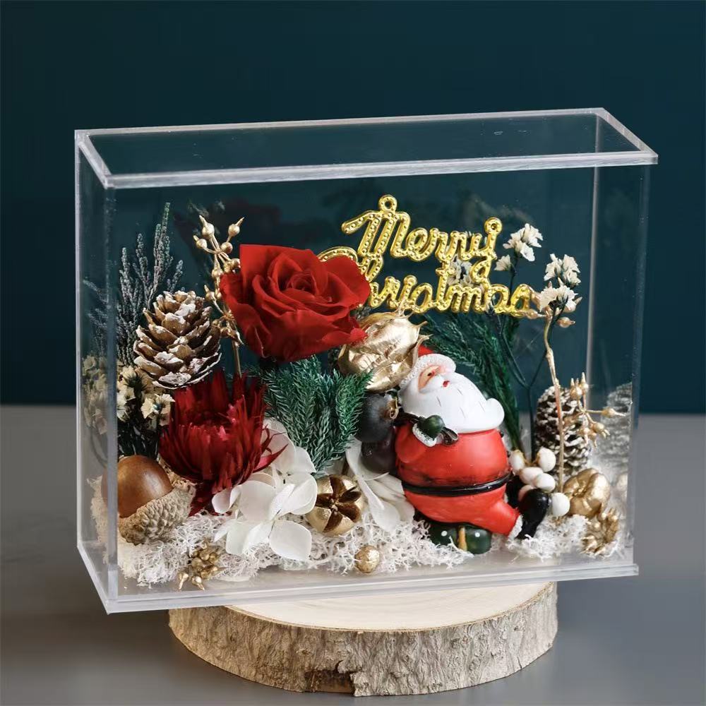 圣诞老人摆台亚克力花盒永生花玫瑰材料包DIY手工真花装饰摆件