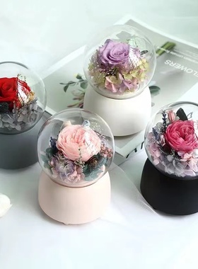 永生花旋转八音盒蓝牙音箱DIY手工花房玻璃罩器皿进口机芯材料