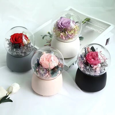 永生花旋转八音盒蓝牙音箱DIY手工花房玻璃罩器皿进口机芯材料