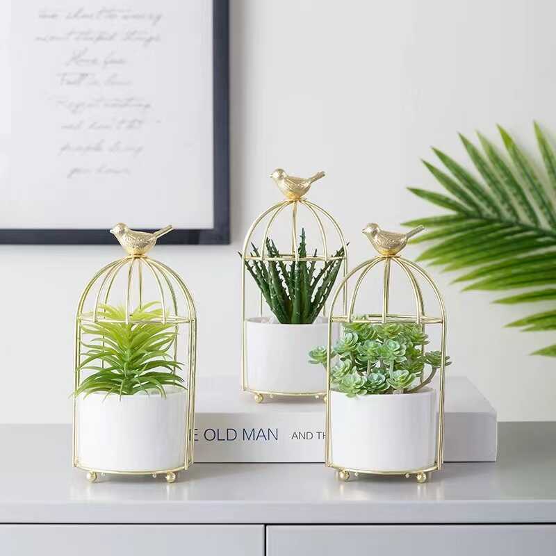 北欧轻奢铁艺鸟笼陶瓷花盆镀金白色铁架花瓶多肉植物仿真插花器皿