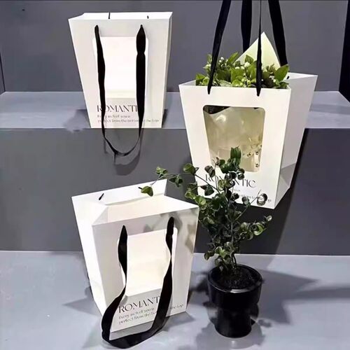 简约浪漫透明开窗包装袋橱窗袋梯形手提袋花束礼品袋鲜花礼物袋